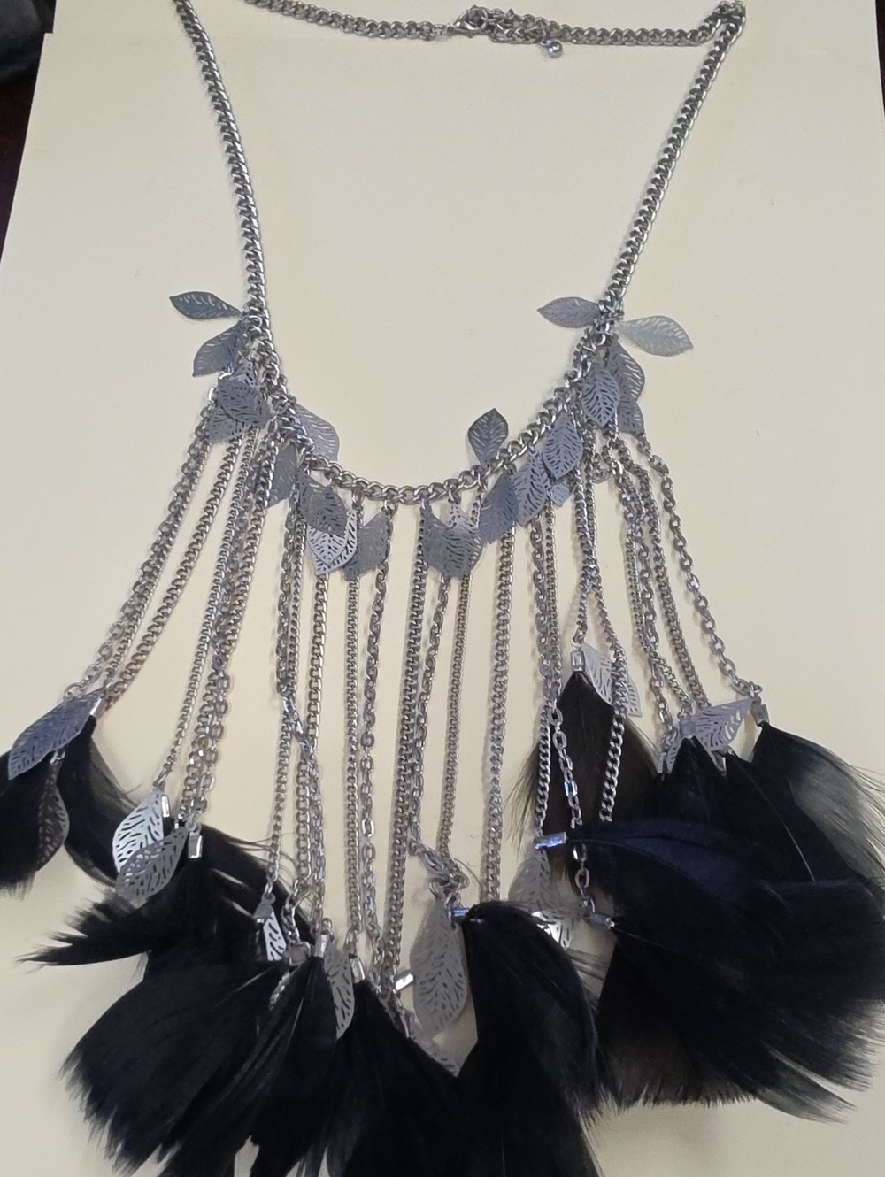 Silver Leaf & Black Feather Fringe Necklace